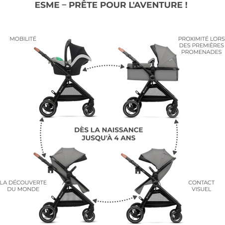 Kinderkraft ESME 3-in-1 Kinderwagen – Inclusief Mink PRO i-Size autostoel, Grijze