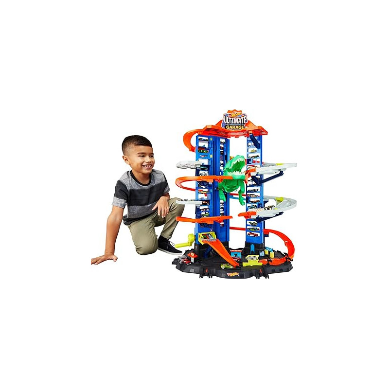 Hot Wheels Ultimate Garage City vs Robo Beasts – Meerniveaus racebaan met bewegende T-Rex en 2 auto's