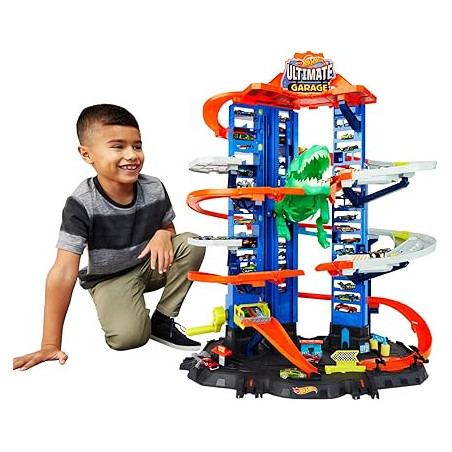 Hot Wheels Ultimate Garage City vs Robo Beasts – Multi-Level Track with Moving T-Rex and 2 Cars
