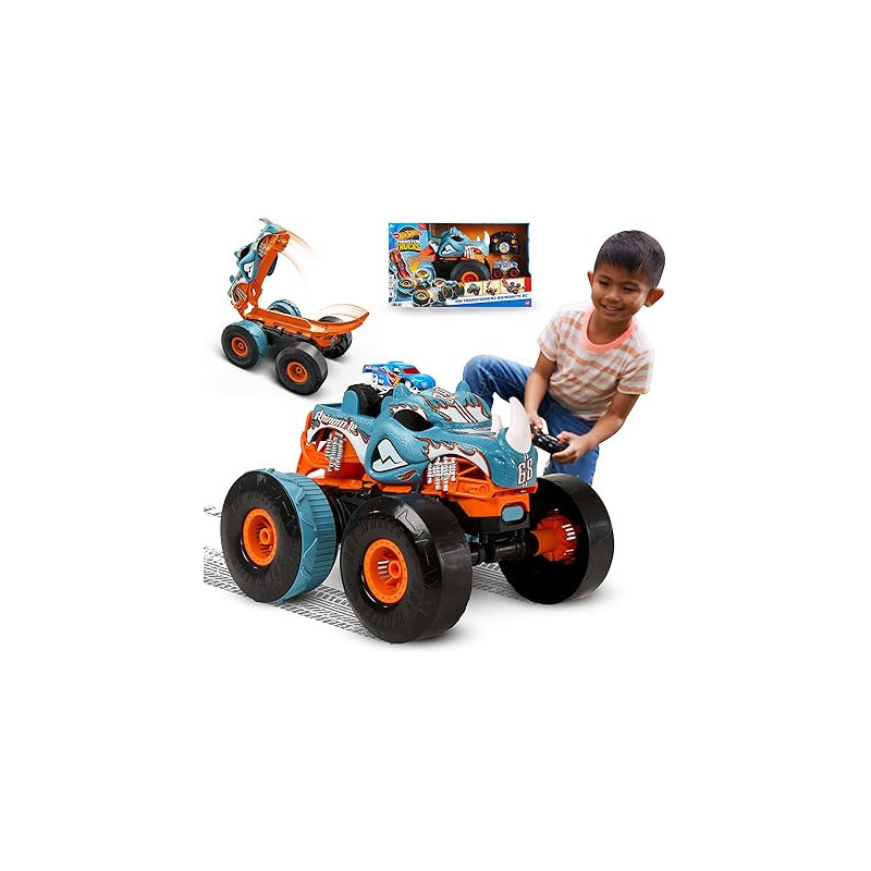 Hot Wheels Monster Trucks RC Rhinomite – Set Transformable 1/12 + Race Ace 1/64 – Lanzador – Juguete para niños 4+ – HPK27